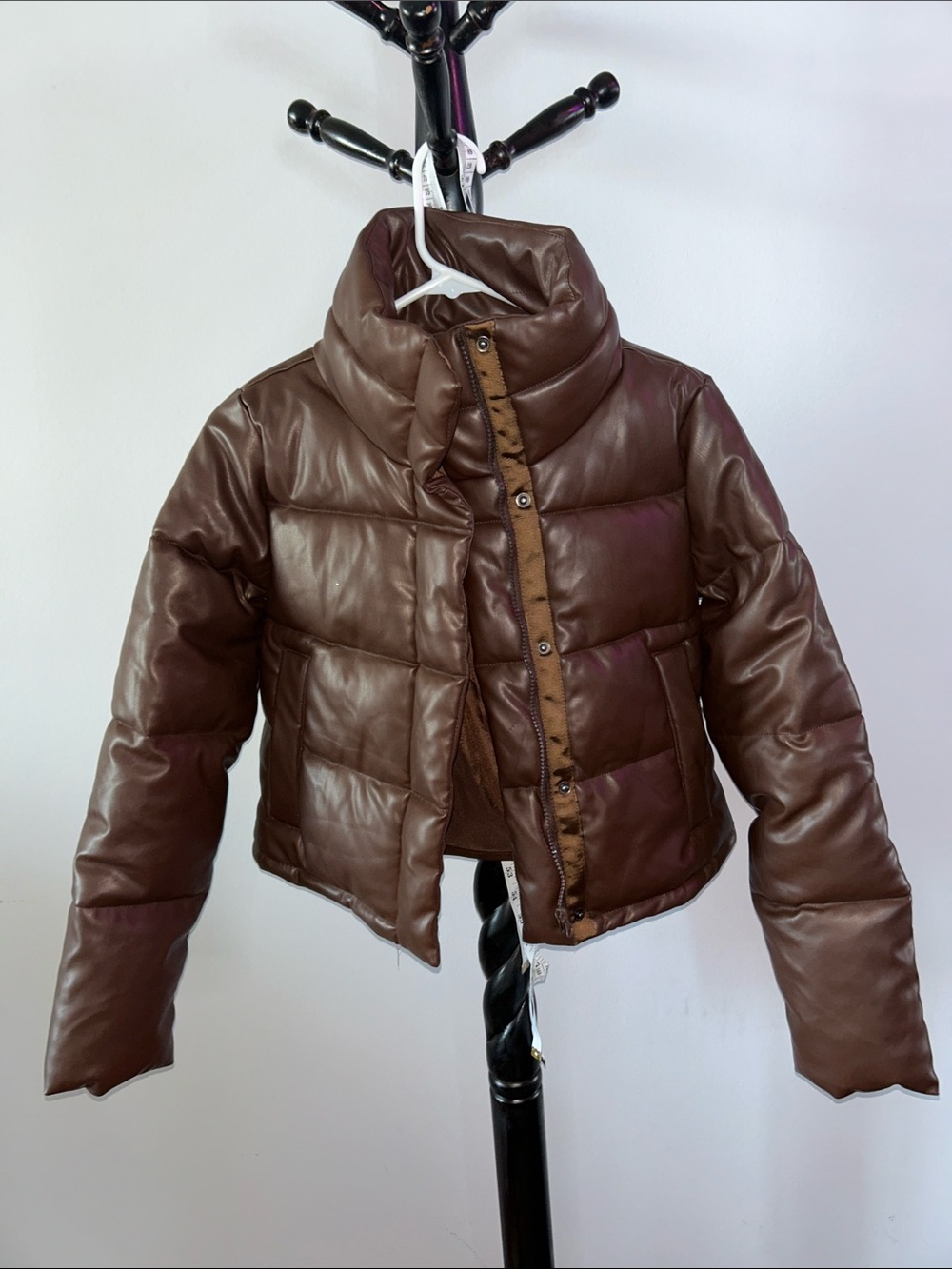 Alya Brown Quilted Faux Leather Puffer Jacket